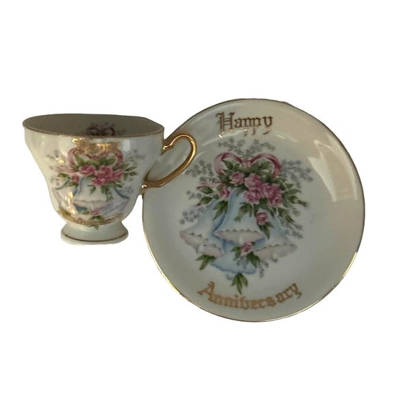 Vintage Norcrest China Happy Anniversary Tea Cup and Saucer - Picture 1 of 9